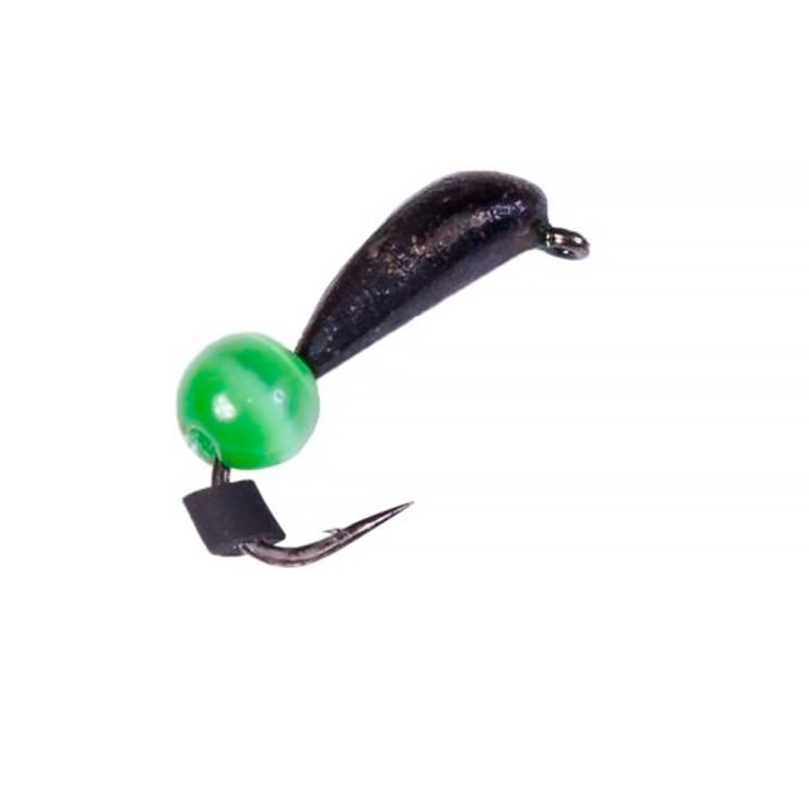 Мормышка вольфрамовая Lucky John БАНАН спортивный черный, петелька с бисером зеленый кошачий глаз 0,30мм цв.GR